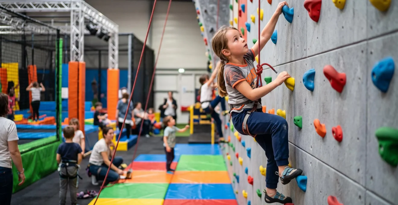 Child climbing a colorful modular climbing wall in an indoor activity center