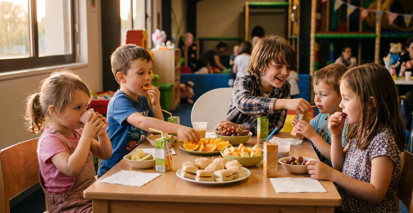 Mixed-age group of children sitting around a table eating snacks during a birthday party in an indoor activity center