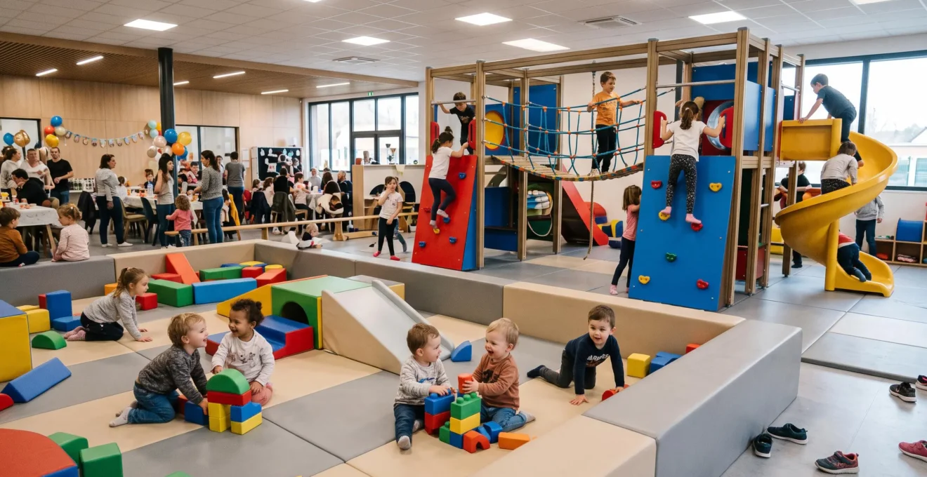 Indoor children's activity center with multiple play zones showing children of different ages engaged in age-appropriate activities