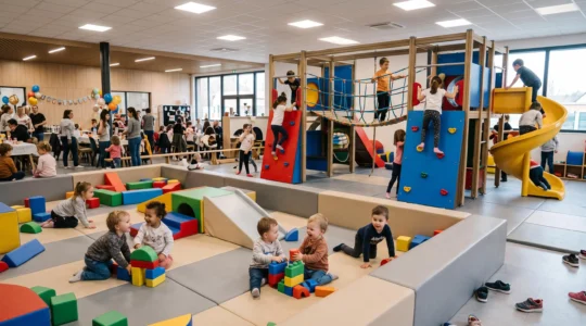 Indoor children's activity center with multiple play zones showing children of different ages engaged in age-appropriate activities