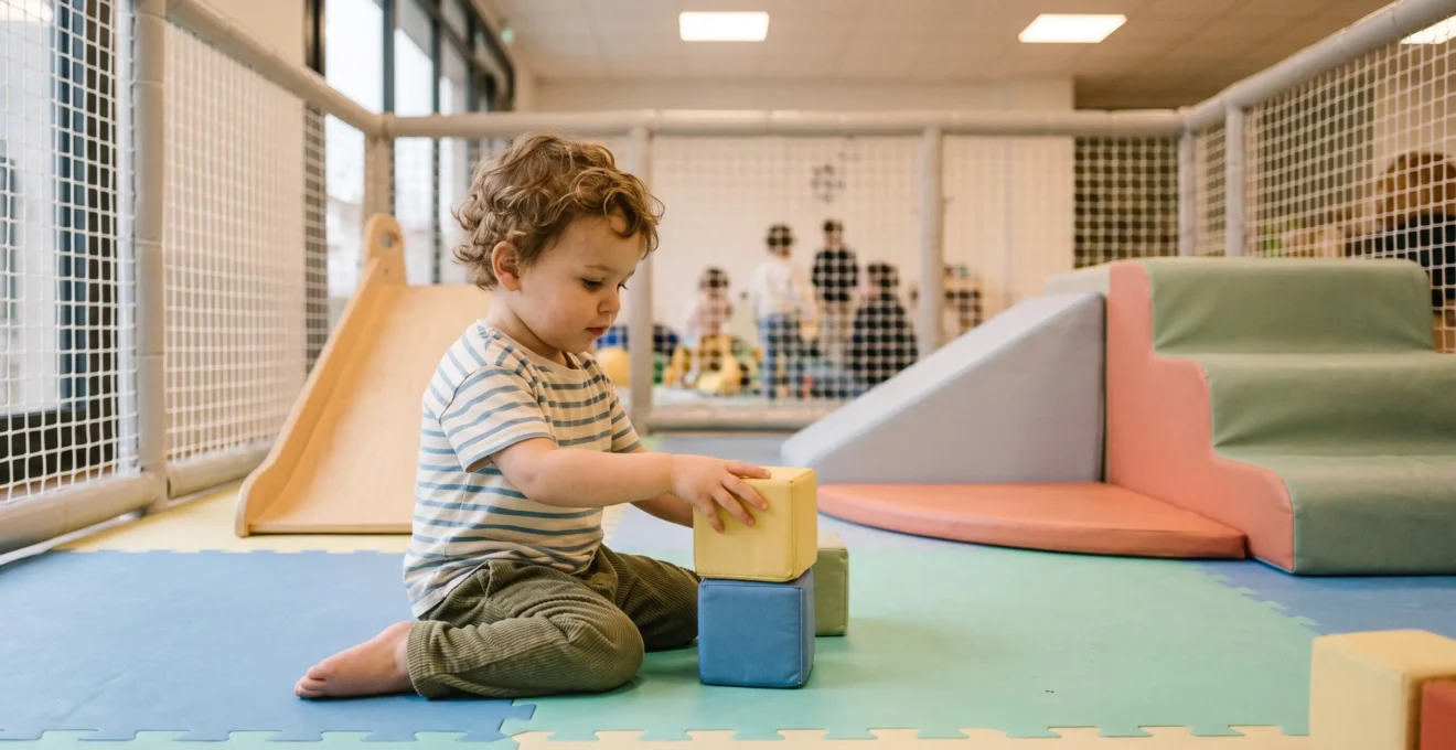 Toddler playing with foam blocks in a dedicated safe zone with soft mats in an indoor activity center
